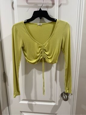 Garage Lime Green Ribbed Ruched V-Neck Long Sleeve Crop Top